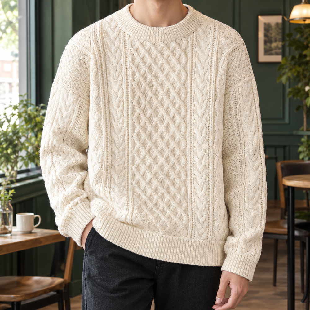 Relaxed Cotton Blend Cable Knit Sweater Set of 2 Off White 1