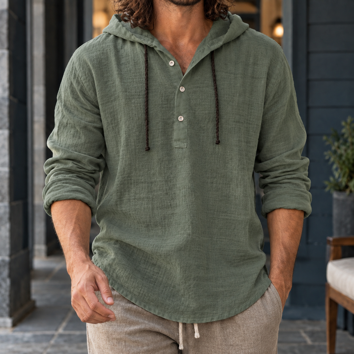 Relaxed Cotton Linen Hooded Henley Shirt Army Green 1