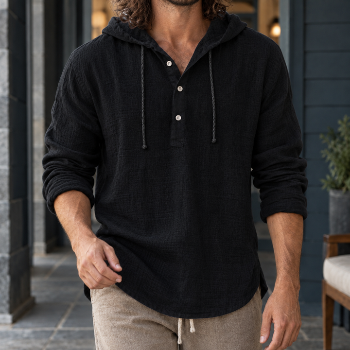 Relaxed Cotton Linen Hooded Henley Shirt Black 1
