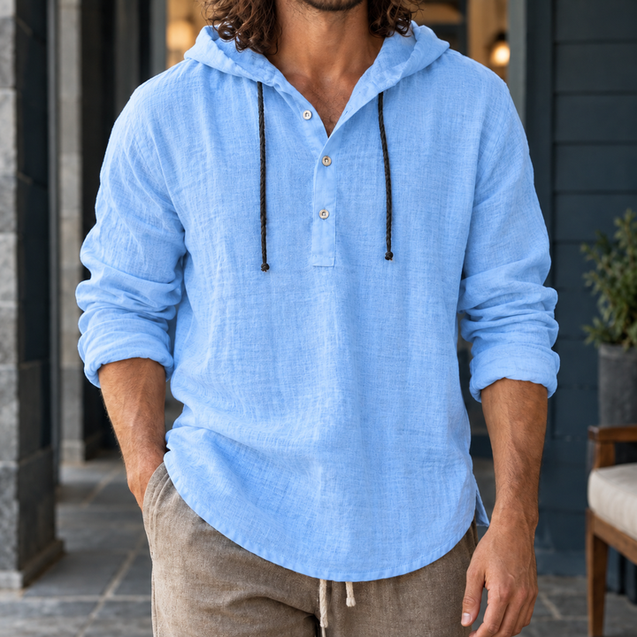 Relaxed Cotton Linen Hooded Henley Shirt Blue 1