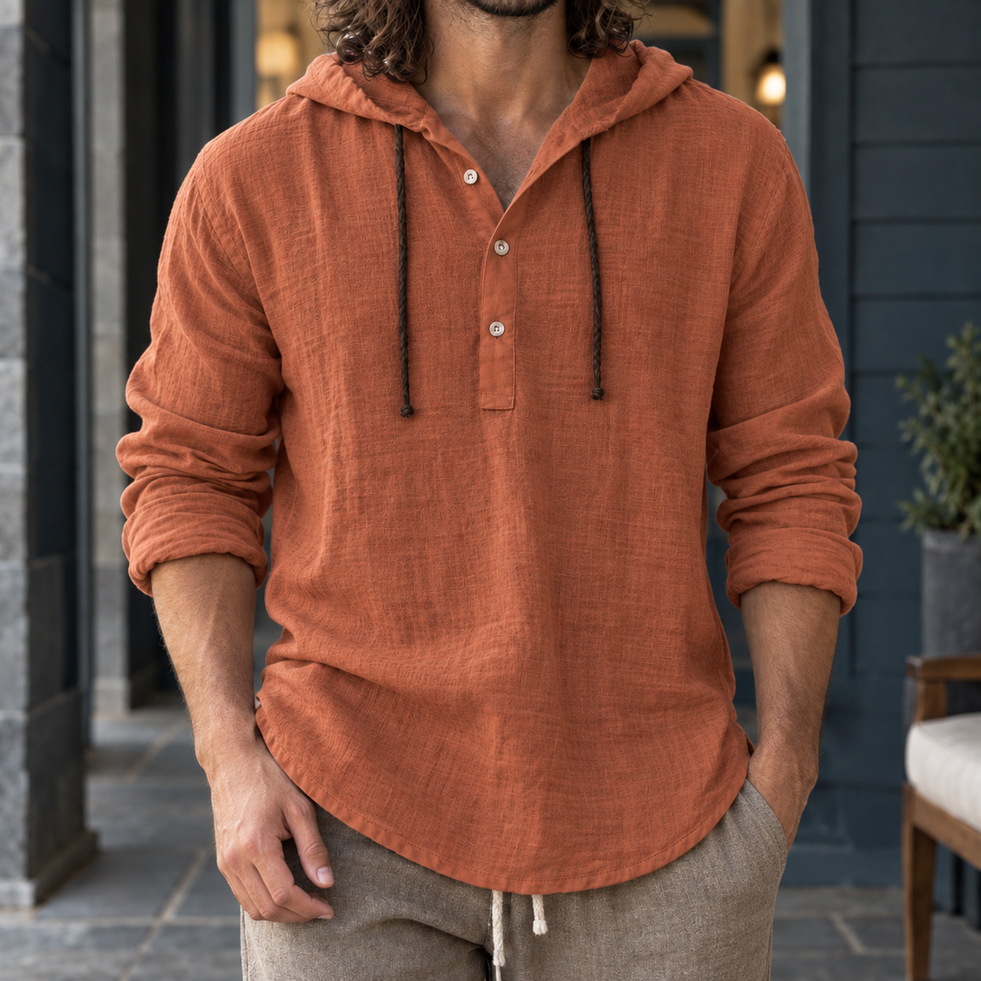 Relaxed Cotton Linen Hooded Henley Shirt Orange 1
