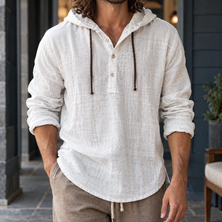 Relaxed Cotton Linen Hooded Henley Shirt White 1