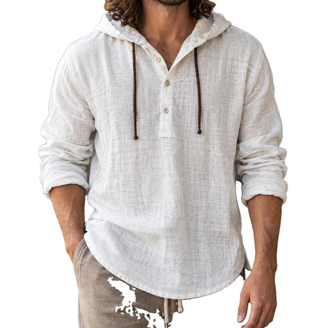 Relaxed Cotton Linen Hooded Henley Shirt on white