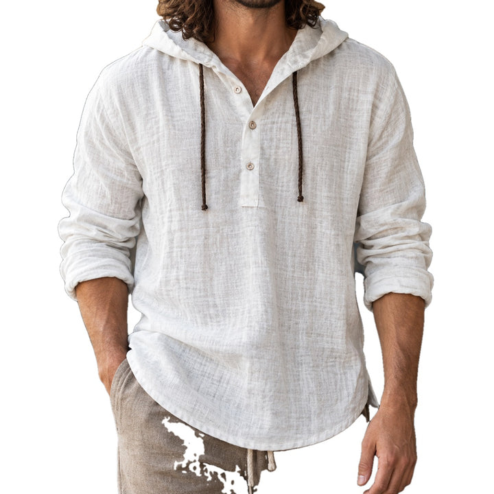 Relaxed Cotton Linen Hooded Henley Shirt on white