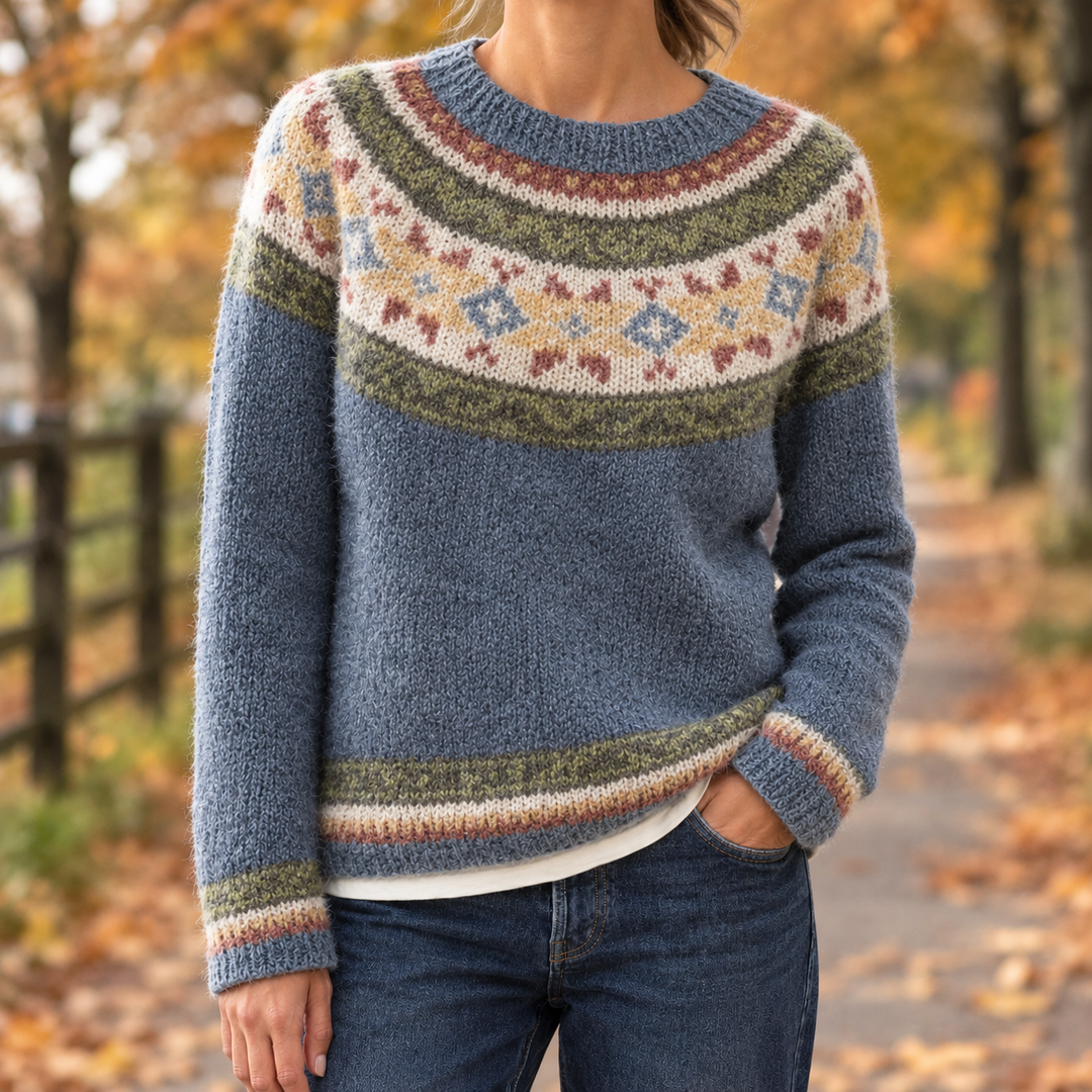Relaxed Fair Isle Knit Crew Neck Sweater Blue 1