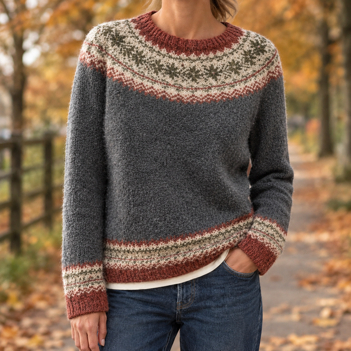 Relaxed Fair Isle Knit Crew Neck Sweater Charcoal 1