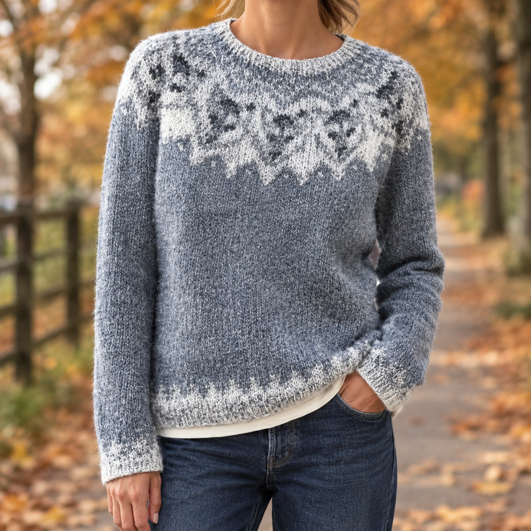 Relaxed Fair Isle Knit Crew Neck Sweater Gray 1