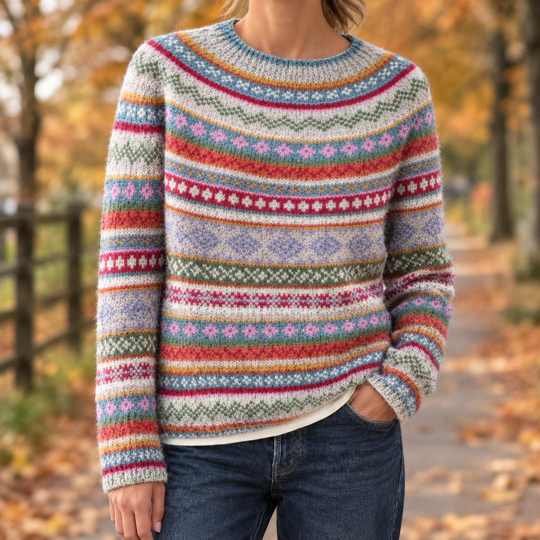 Relaxed Fair Isle Knit Crew Neck Sweater Rainbow Stripe 1