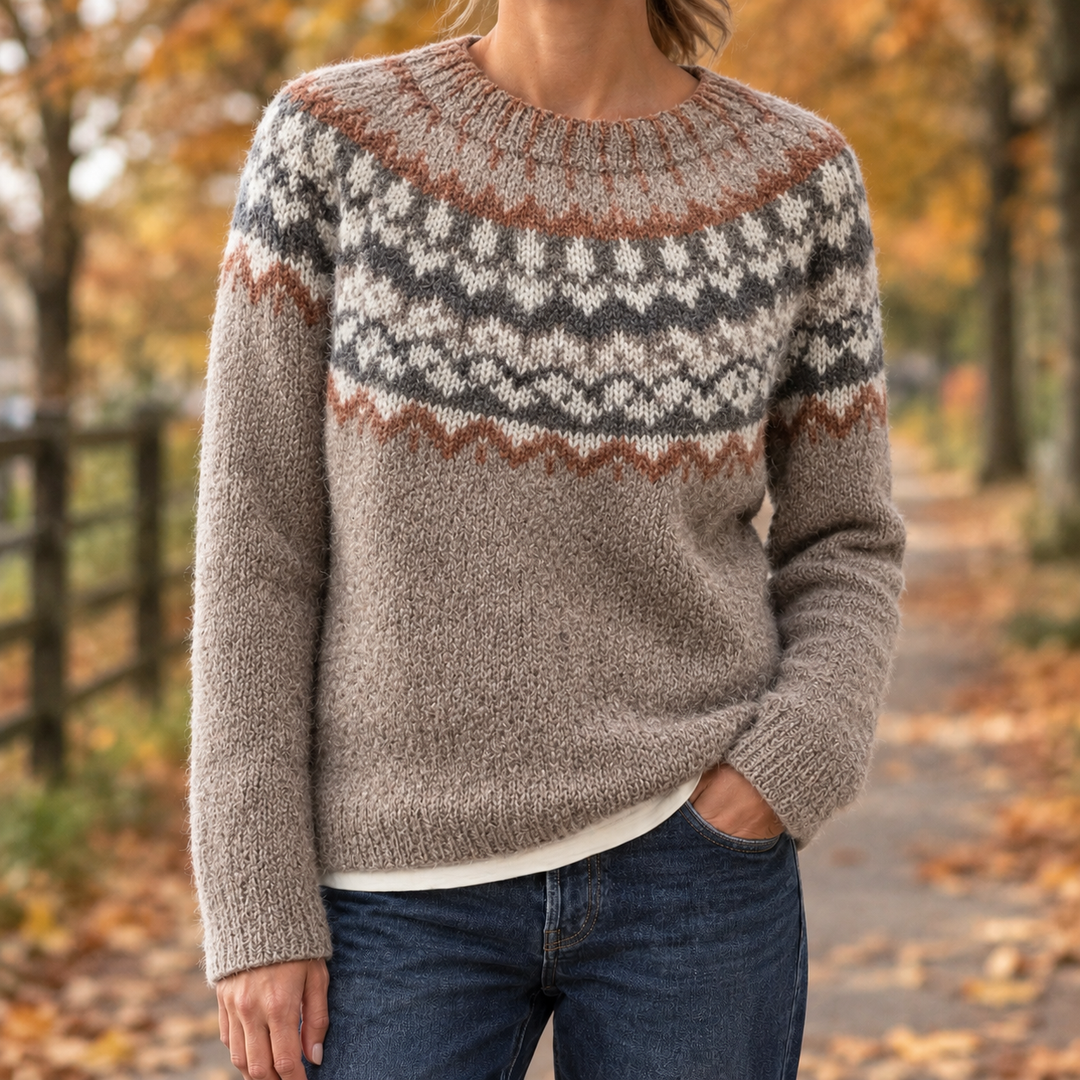 Relaxed Fair Isle Knit Crew Neck Sweater Taupe 1