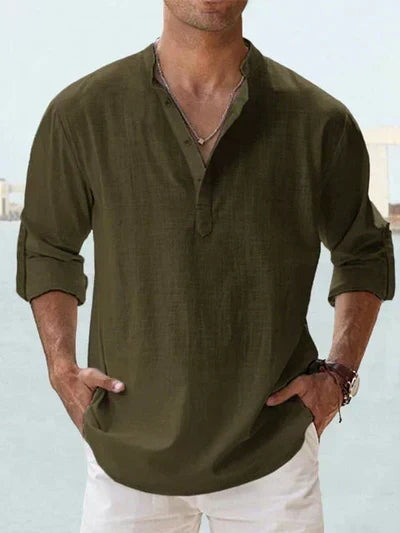Relaxed Fit Band Collar Long Sleeve Henley Shirt Army Green 1