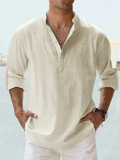 Relaxed Fit Band Collar Long Sleeve Henley Shirt Beige 1
