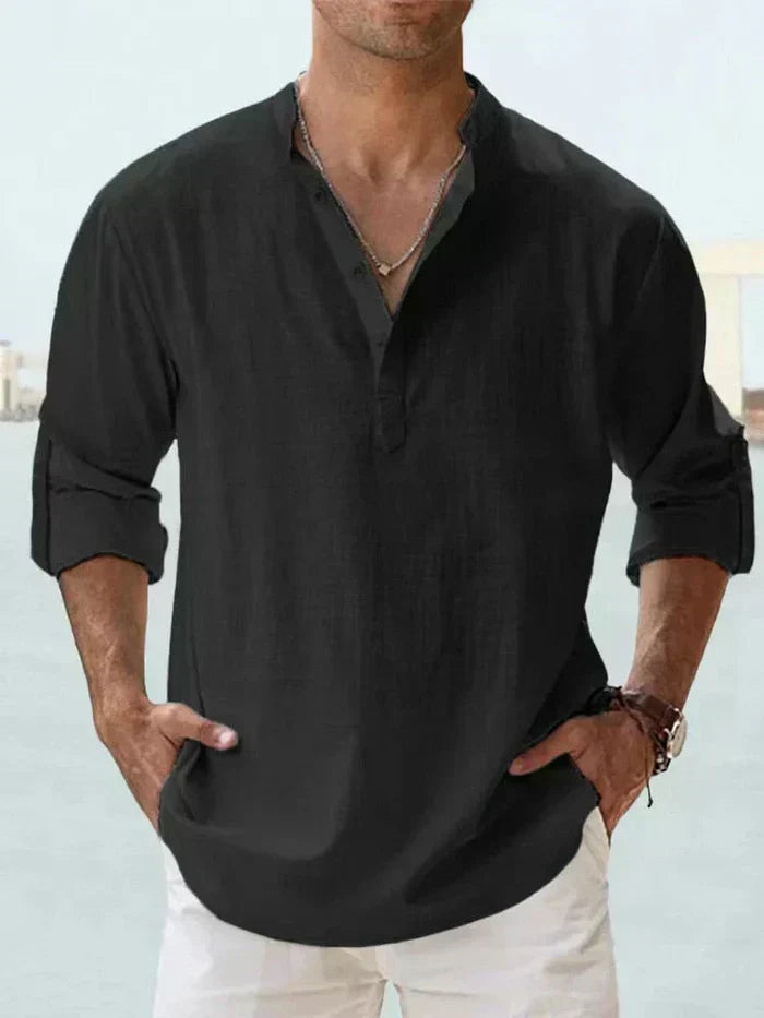 Relaxed Fit Band Collar Long Sleeve Henley Shirt Black 1