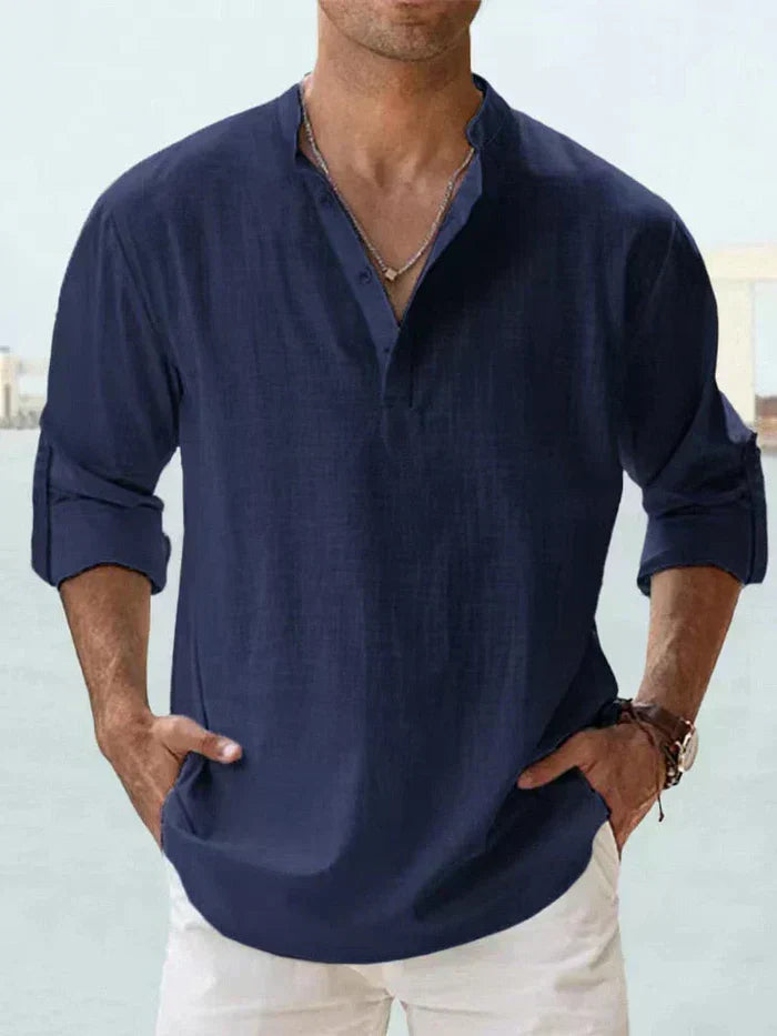 Relaxed Fit Band Collar Long Sleeve Henley Shirt Dark Blue 1