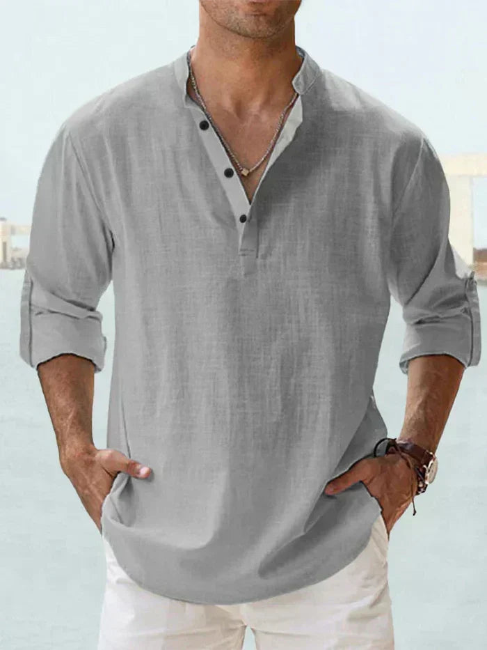 Relaxed Fit Band Collar Long Sleeve Henley Shirt Gray 1