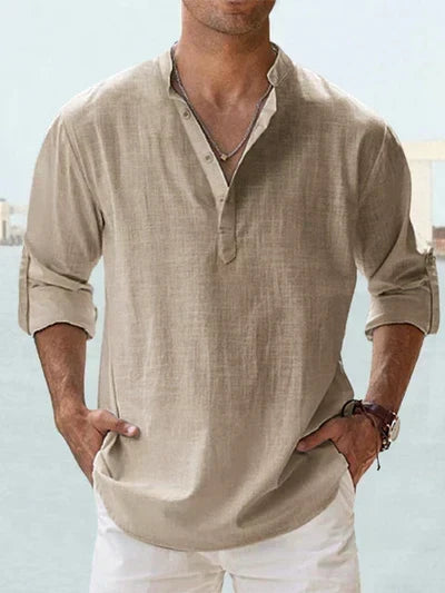 Relaxed Fit Band Collar Long Sleeve Henley Shirt Khaki 1