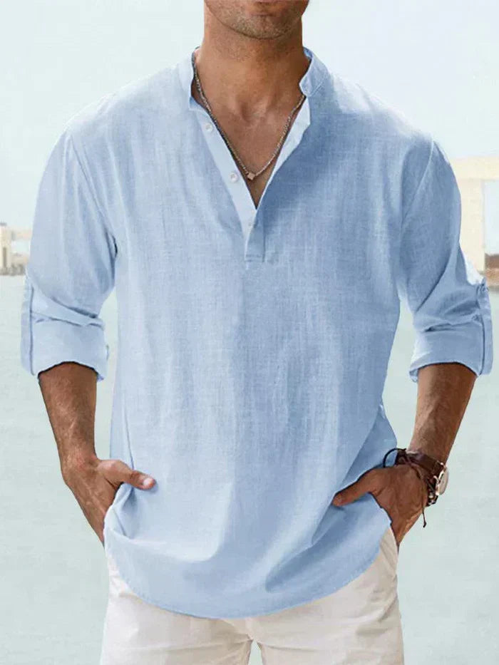 Relaxed Fit Band Collar Long Sleeve Henley Shirt Light Blue 1