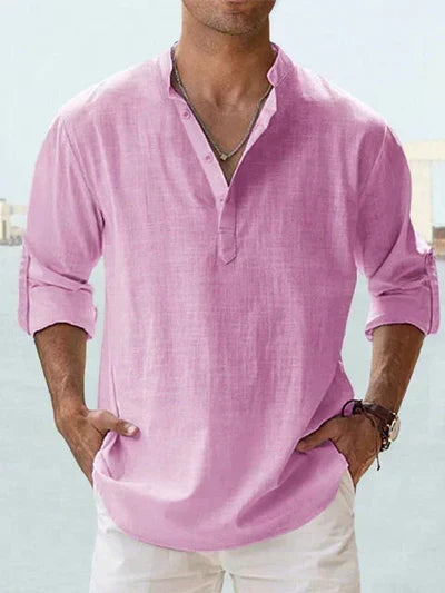 Relaxed Fit Band Collar Long Sleeve Henley Shirt Pink 1