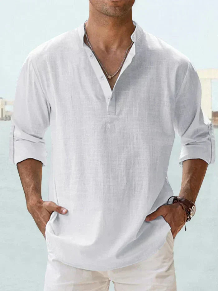 Relaxed Fit Band Collar Long Sleeve Henley Shirt White 1