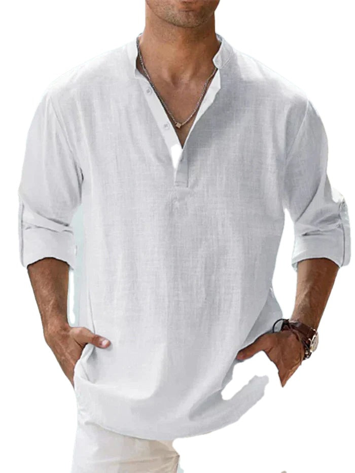 Relaxed Fit Band Collar Long Sleeve Henley Shirt on white