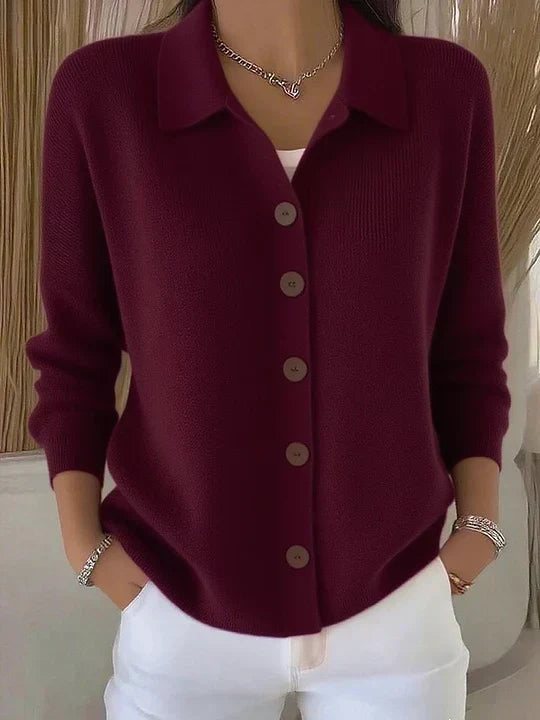 Relaxed Fit Collared Button Front Knit Cardigan Burgundy 1