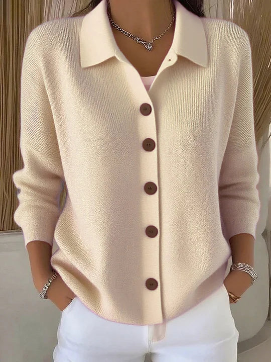 Relaxed Fit Collared Button Front Knit Cardigan Cream 1