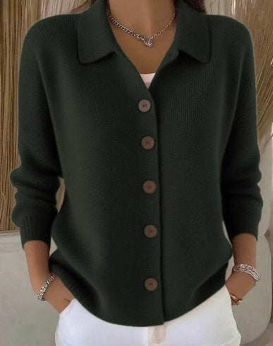 Relaxed Fit Collared Button Front Knit Cardigan Dark Green 1
