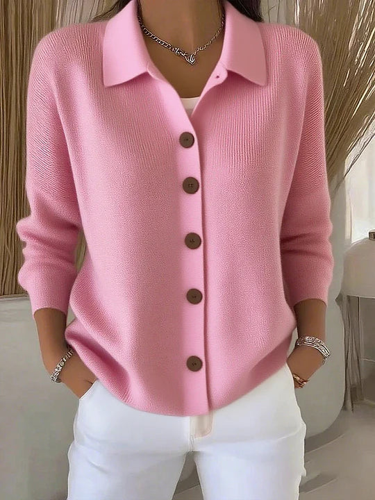 Relaxed Fit Collared Button Front Knit Cardigan Pink 1
