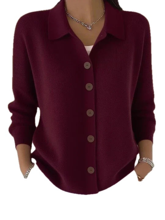 Relaxed Fit Collared Button Front Knit Cardigan on white