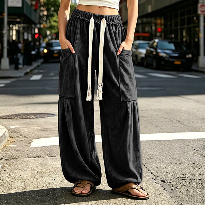Relaxed Fit Corduroy Cargo Pants Drawstring Waist Black 1