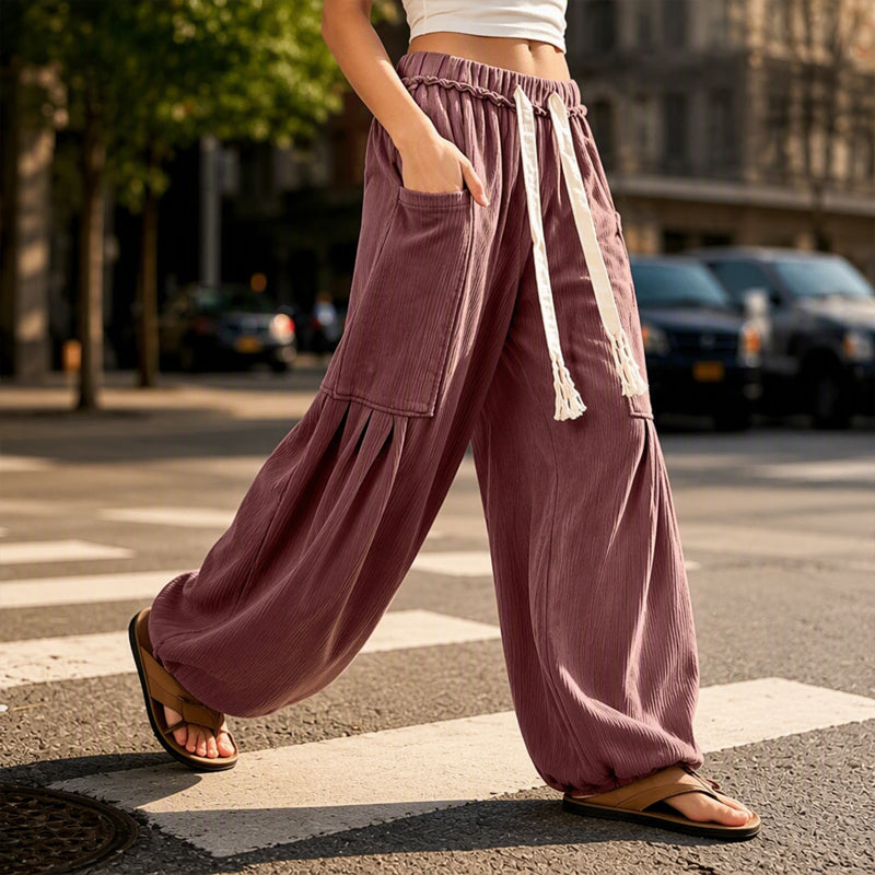 Relaxed Fit Corduroy Cargo Pants Drawstring Waist Gray 2