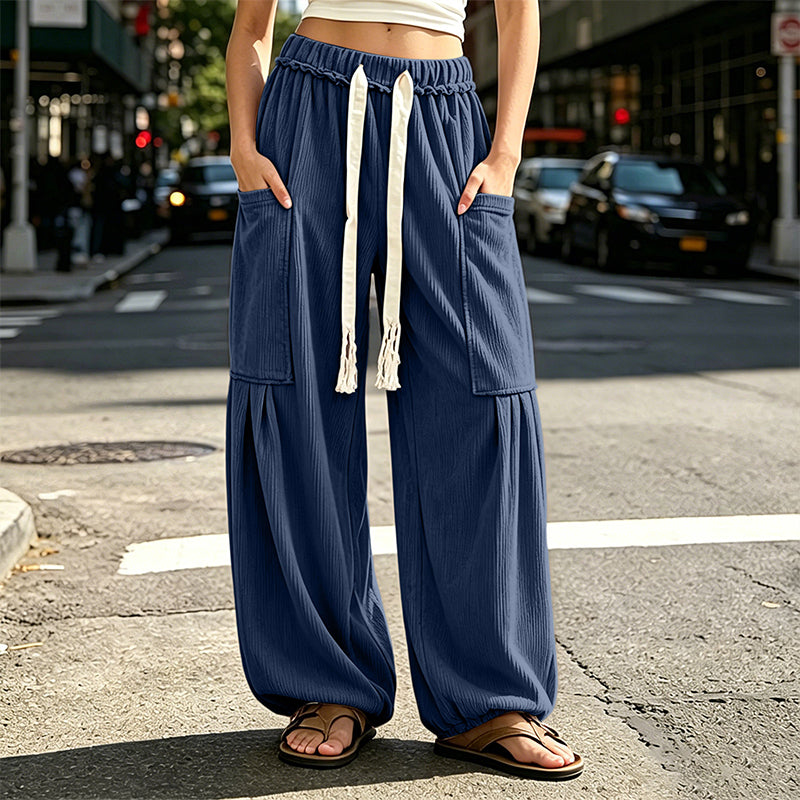 Relaxed Fit Corduroy Cargo Pants Drawstring Waist Navy 1