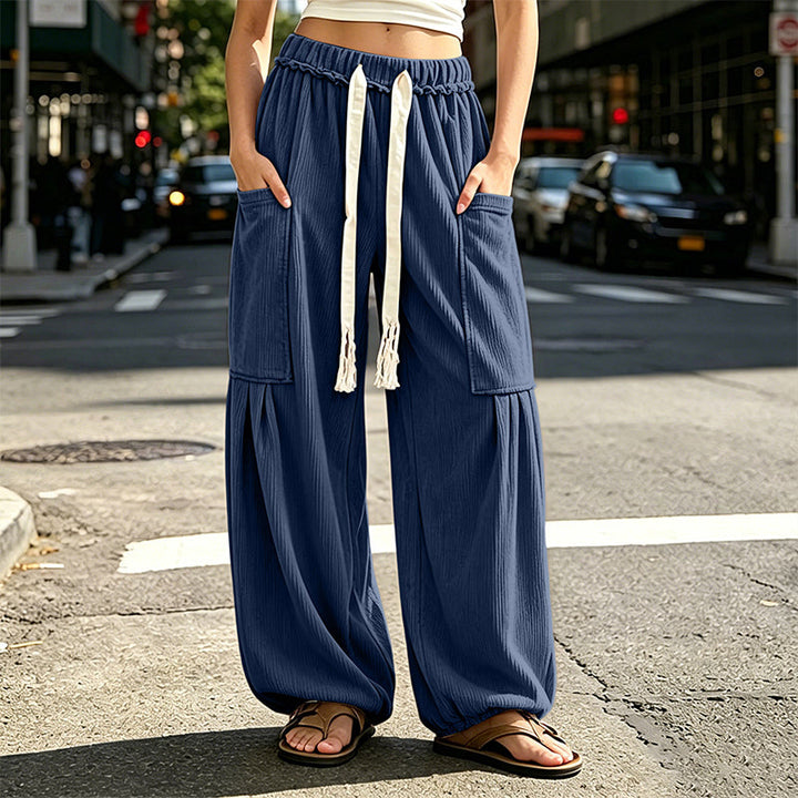 Relaxed Fit Corduroy Cargo Pants Drawstring Waist Navy 1