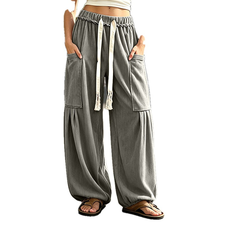Relaxed Fit Corduroy Cargo Pants Drawstring Waist on white