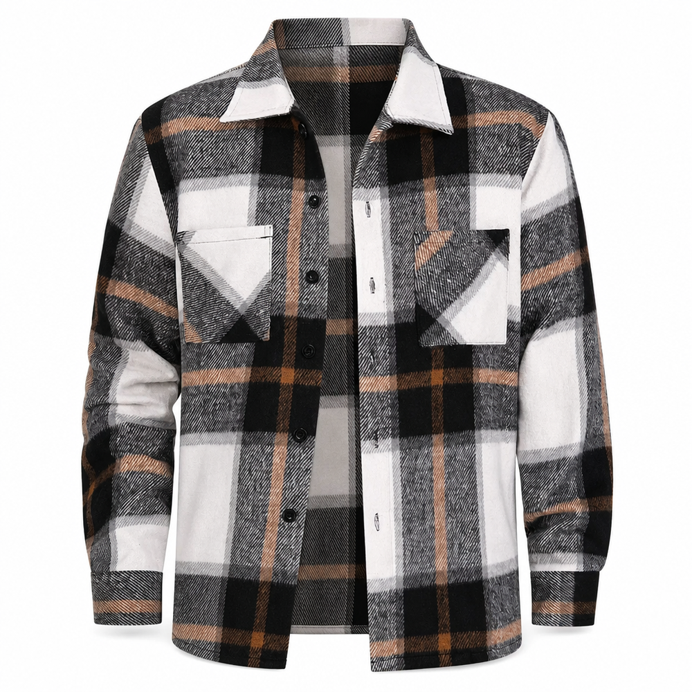 Relaxed Fit Cotton Flannel Plaid Shirt Two Chest Pockets Black Tan Plaid 1