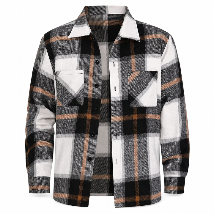Relaxed Fit Cotton Flannel Plaid Shirt Two Chest Pockets Black Tan Plaid 1