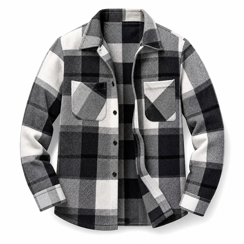 Relaxed Fit Cotton Flannel Plaid Shirt Two Chest Pockets Black White Plaid 1