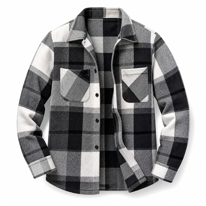 Relaxed Fit Cotton Flannel Plaid Shirt Two Chest Pockets Black White Plaid 1