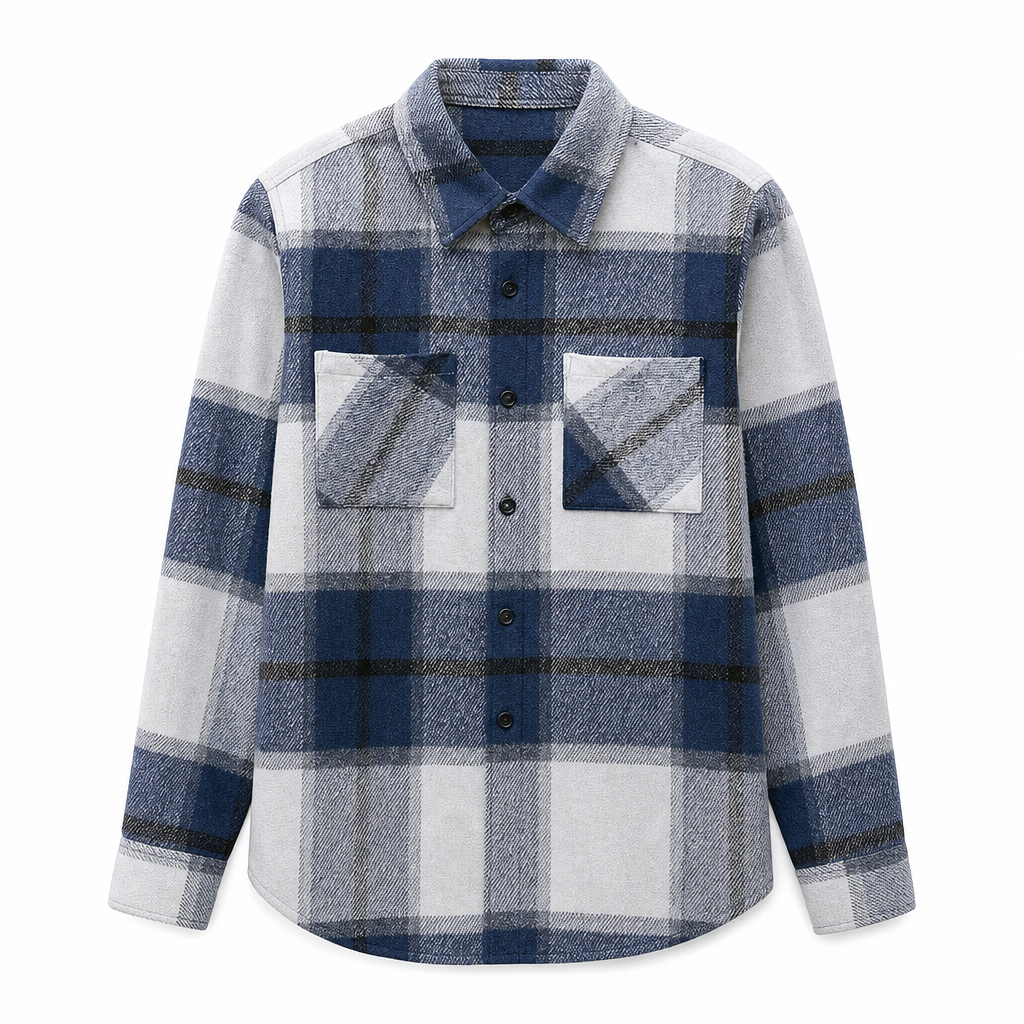Relaxed Fit Cotton Flannel Plaid Shirt Two Chest Pockets Blue Plaid 1