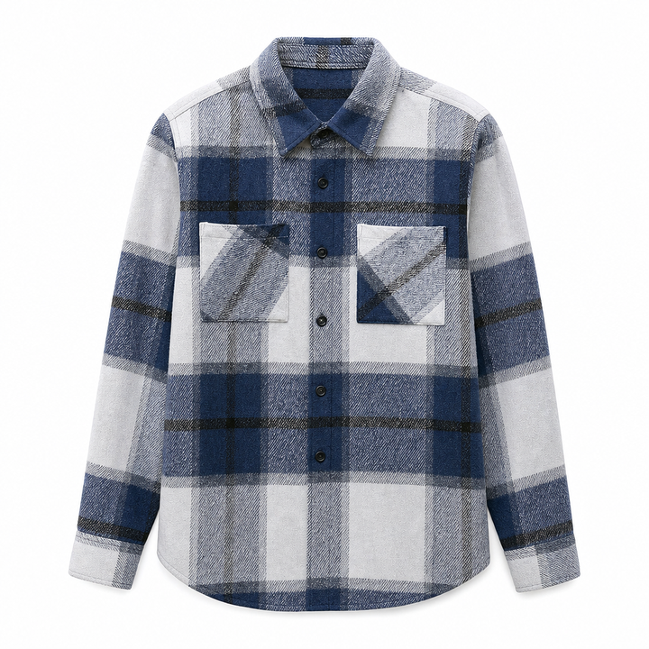 Relaxed Fit Cotton Flannel Plaid Shirt Two Chest Pockets Blue Plaid 1