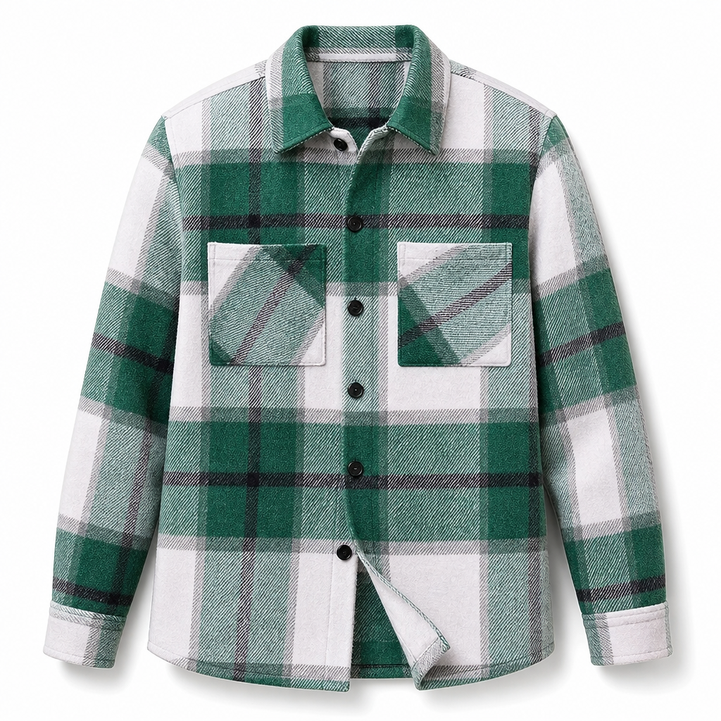 Relaxed Fit Cotton Flannel Plaid Shirt Two Chest Pockets Green Plaid 1