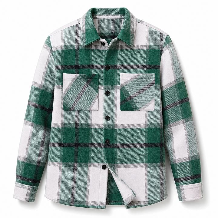 Relaxed Fit Cotton Flannel Plaid Shirt Two Chest Pockets Green Plaid 1
