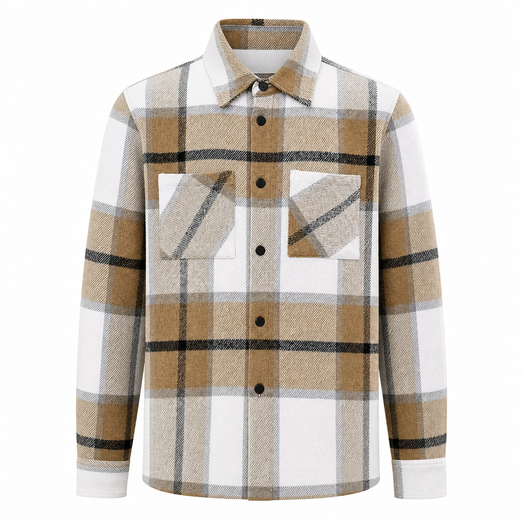 Relaxed Fit Cotton Flannel Plaid Shirt Two Chest Pockets Khaki Plaid 1