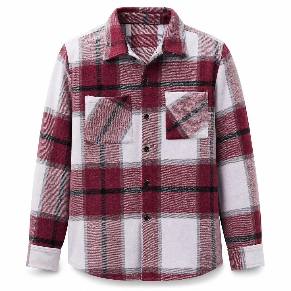 Relaxed Fit Cotton Flannel Plaid Shirt Two Chest Pockets Red Plaid 1