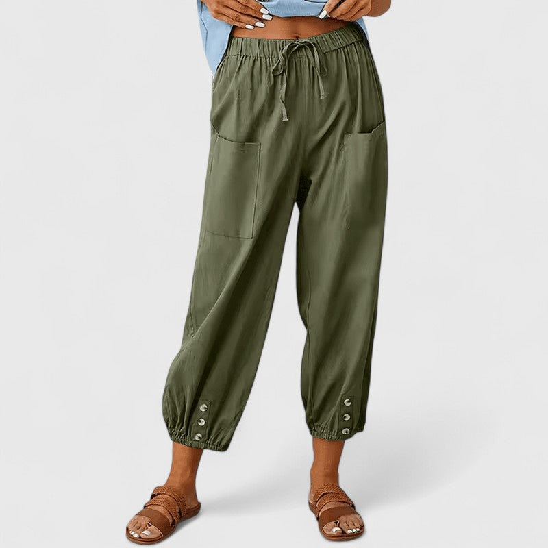 Relaxed Fit Cotton Linen Cropped Pants Button Hem Army Green 1