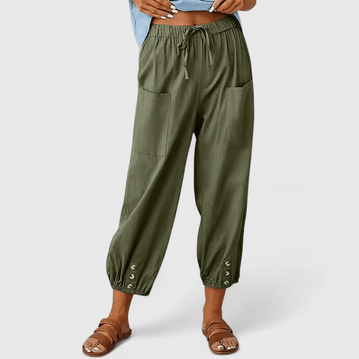 Relaxed Fit Cotton Linen Cropped Pants Button Hem Army Green 1