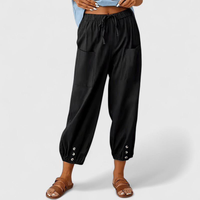 Relaxed Fit Cotton Linen Cropped Pants Button Hem Black 1