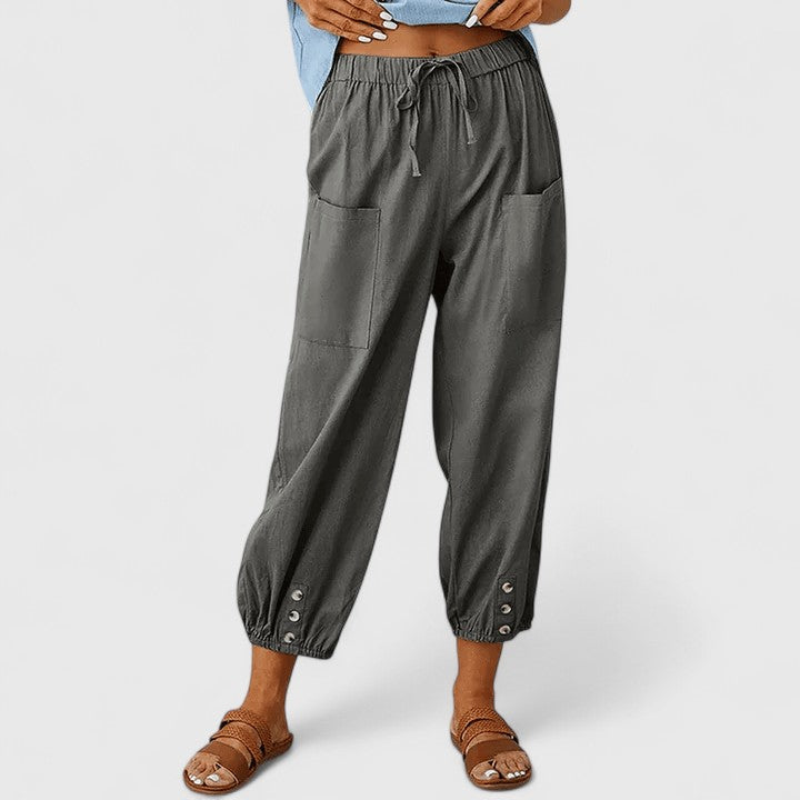 Relaxed Fit Cotton Linen Cropped Pants Button Hem Dark Gray 1