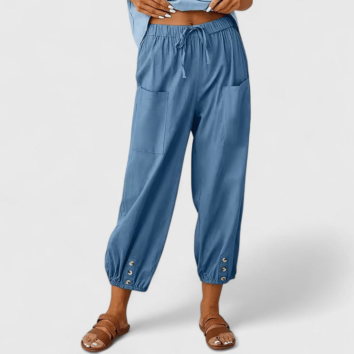 Relaxed Fit Cotton Linen Cropped Pants Button Hem Denim Blue 1