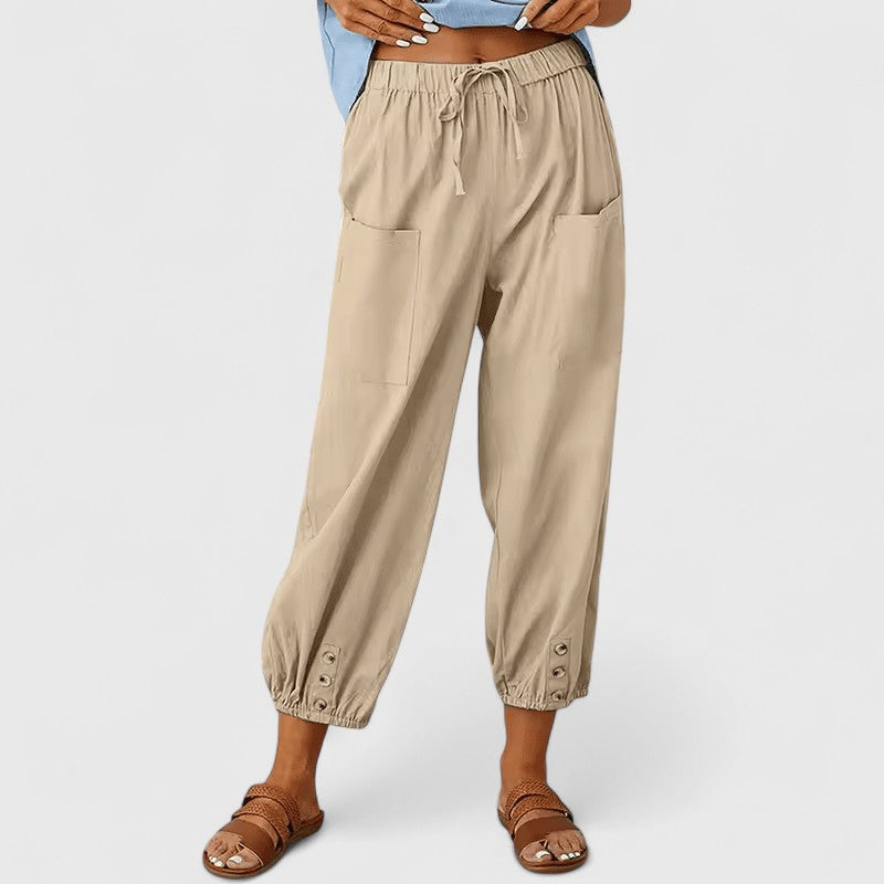 Relaxed Fit Cotton Linen Cropped Pants Button Hem Khaki 1