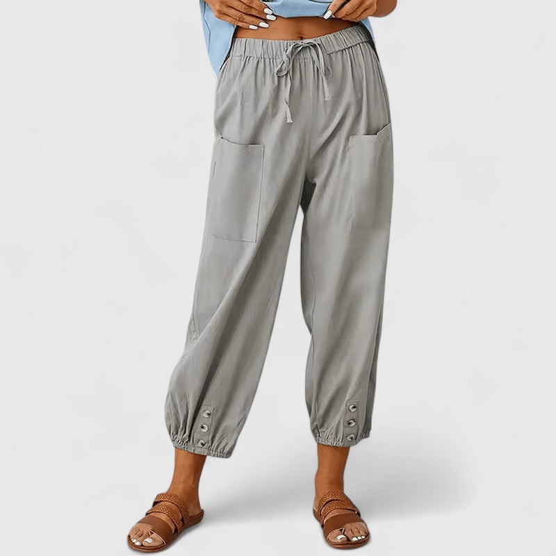 Relaxed Fit Cotton Linen Cropped Pants Button Hem Light Gray 1
